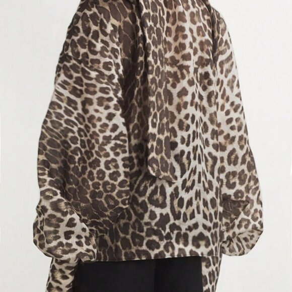 Multicolor Casual Women's Leopard Print Tie Neck Long Sleeve Loose Shirt - Picture 2 of 3